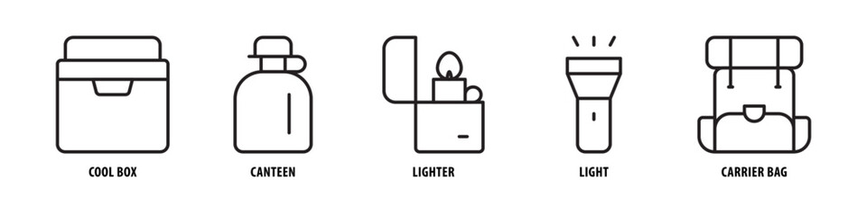 Carrier Bag, Light, Lighter, Canteen, Cool Box editable stroke outline icons set isolated on white background flat vector illustration. - obrazy, fototapety, plakaty