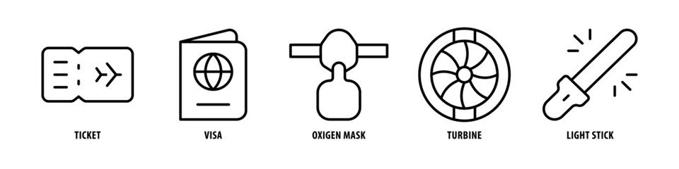 Light Stick, Turbine, Oxygen Mask, Visa, Ticket editable stroke outline icons set isolated on white background flat vector illustration. © yudi