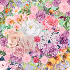 watercolor floral pattern, pink, blue, red, green leaves and roses, flowers and buds.