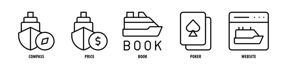 Website, Poker, Book, Price, Compass editable stroke outline icons set isolated on white background flat vector illustration.