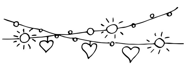 Simple vector ink sketch. Garland with hearts and glowing lights. Valentine's Day, love. Doodle drawing.