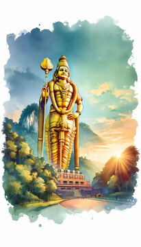 Watercolor illustration of gold lord murugan statue .