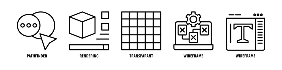 Wireframe, Transparant, Rendering, Pathfinder editable stroke outline icons set isolated on white background flat vector illustration.