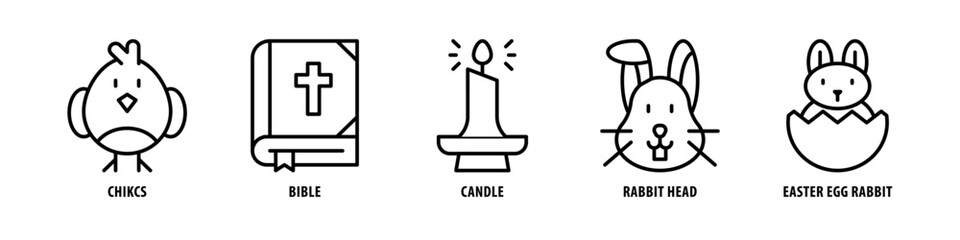 Easter Egg Rabbit, Rabbit Head, Candle, Bible, Chicks editable stroke outline icons set isolated on white background flat vector illustration.