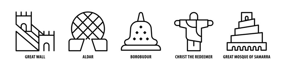 Great mosque of samarra, Christ the redeemer, Borobudur, Aldar, Great wall editable stroke outline icons set isolated on white background flat vector illustration. - obrazy, fototapety, plakaty
