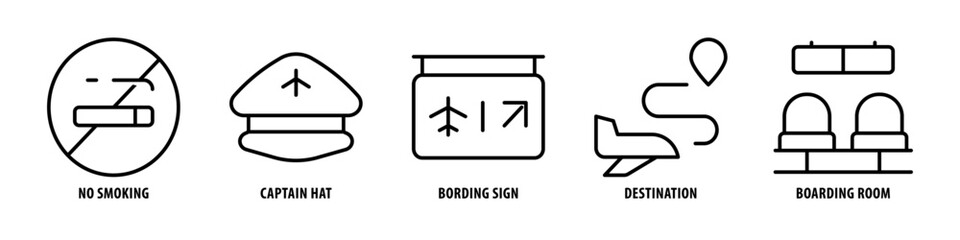 Boarding Room, Destination, Bording Sign, Captain hat, No Smoking editable stroke outline icons set isolated on white background flat vector illustration.