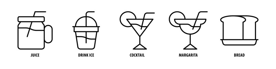 Bread, Margarita, Cocktail, Drink ice, Juice editable stroke outline icons set isolated on white background flat vector illustration.