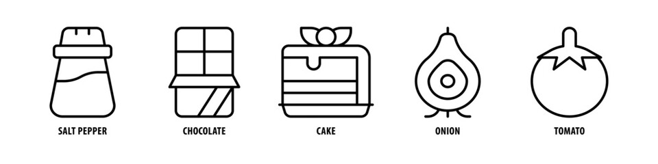 Tomato, Onion, Cake, Chocolate, Salt pepper editable stroke outline icons set isolated on white background flat vector illustration.