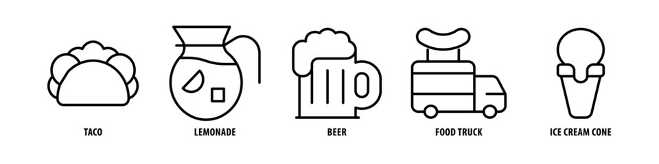 Ice Cream cone, Food Truck, Beer, Lemonade, Taco editable stroke outline icons set isolated on white background flat vector illustration.