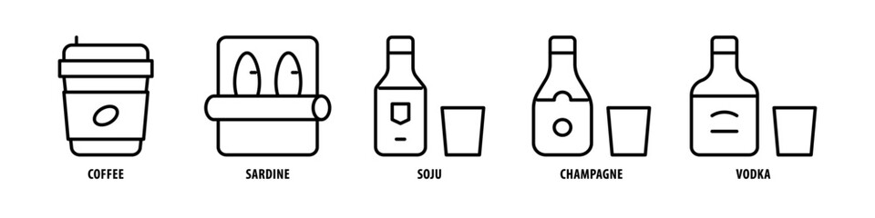 Vodka, Champagne, Soju, Sardine, Coffee editable stroke outline icons set isolated on white background flat vector illustration. - obrazy, fototapety, plakaty