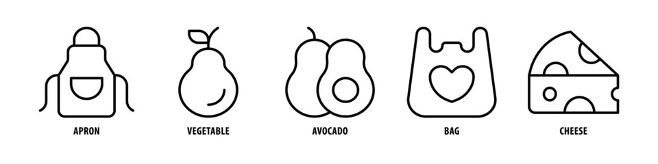 Cheese, Bag, Avocado, Vegetable, Apron editable stroke outline icons set isolated on white background flat vector illustration. - obrazy, fototapety, plakaty