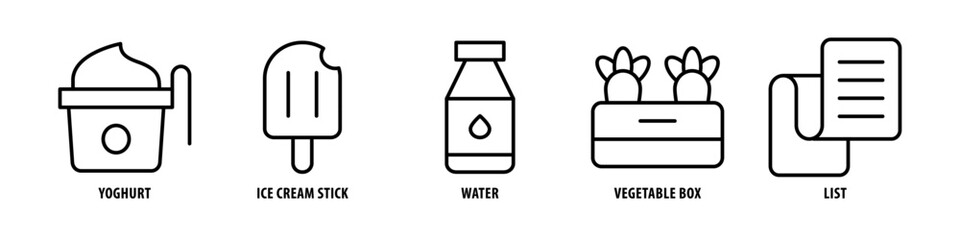 List, Vegetable box, Water, Ice cream stick, Yogurt editable stroke outline icons set isolated on white background flat vector illustration.