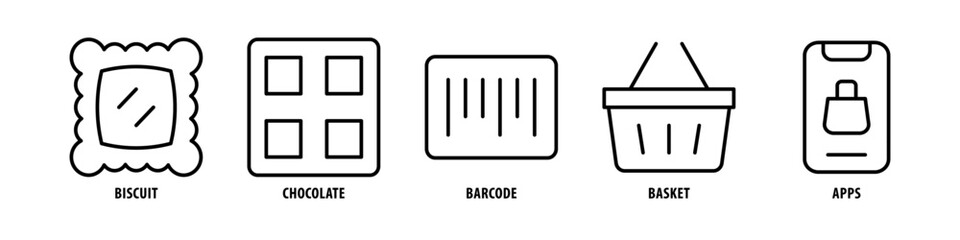 Apps, Basket, Barcode, Chocolate, Biscuit editable stroke outline icons set isolated on white background flat vector illustration.