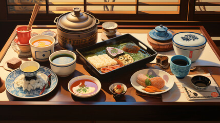Traditional Japanese breakfast, food, meal, dish, cooking, restaurant, delicious, cuisine, brunch, plate, gourmet, table,  sushi, rice, tea, eggs, condiments, vegetable, healthy, 16:9