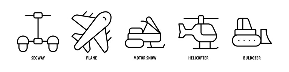 Bulldozer, Helicopter, Motor snow, Plane, Segway editable stroke outline icons set isolated on white background flat vector illustration.