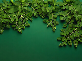Fresh Moringa Leaves Arrangement on Lush Green Background, Generative AI