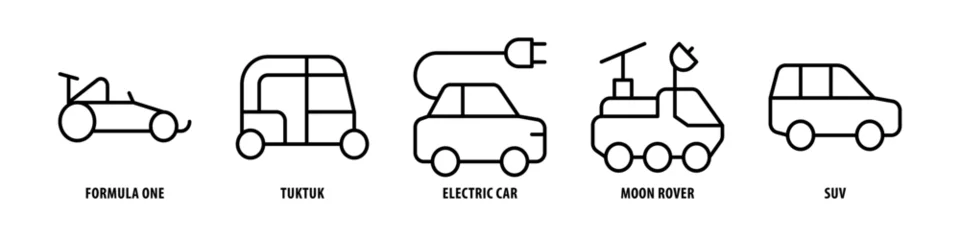 Poster SUV, Moon Rover, Electric Car, Tuk-tuk, Formula one editable stroke outline icons set isolated on white background flat vector illustration. © yudi