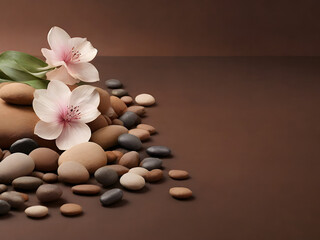 Fototapeta na wymiar soothing Spa Ambiance: Massage Stones and Exotic Flowers on Brown Background, Generative AI