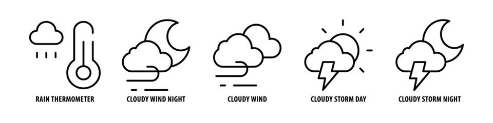 Cloudy Storm Night, Cloudy Storm Day, Cloudy Wind, Cloudy Wind Night, Rain Thermometer editable stroke outline icons set isolated on white background flat vector illustration.