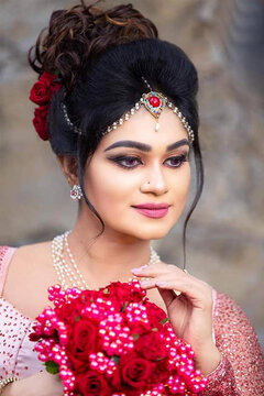 portrait of a woman with red roses, Asian bride  with red theam