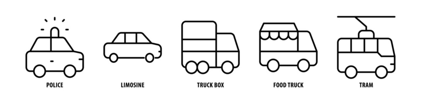 Tram, Food Truck, Truck Box, Limousine, Police editable stroke outline icons set isolated on white background flat vector illustration.