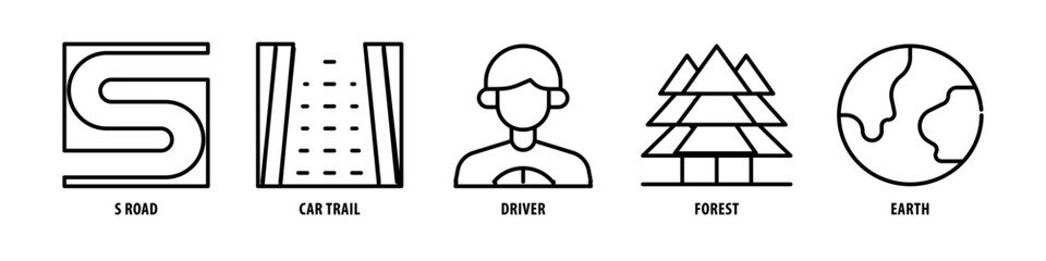 Fototapeta premium Earth, Forest, Driver, Car Trail, S road editable stroke outline icons set isolated on white background flat vector illustration.