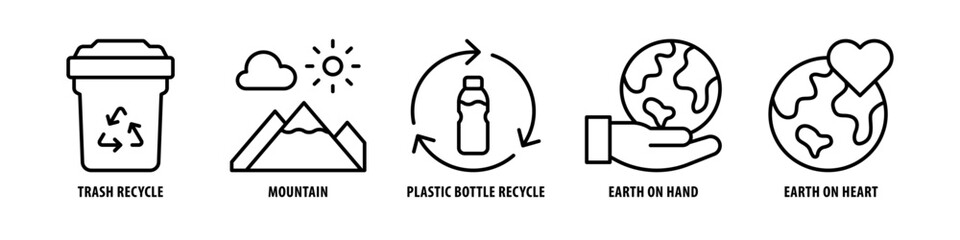 Earth on Heart, Earth on hand, Plastic Bottle Recycle, Mountain, Trash recycle editable stroke outline icons set isolated on white background flat vector illustration.