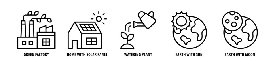Earth with Moon, Earth with Sun, Watering Plant, Home With Solar Panel, Green Factory editable stroke outline icons set isolated on white background flat vector illustration.