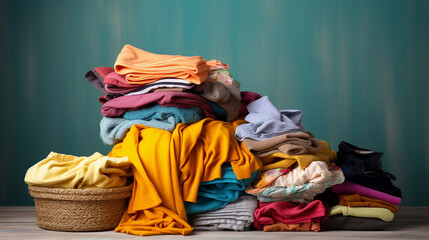Vibrant Fashion Showcase: Colorful Clothes Piled on Table – Trendy Apparel and Textiles for a Stylish Wardrobe Display