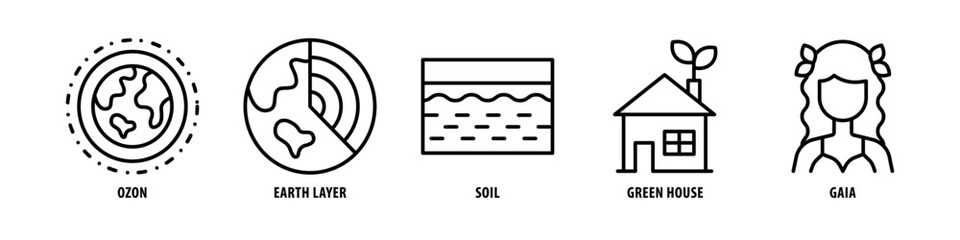 Gaia, Green House, Soil, Earth Layer, Ozone editable stroke outline icons set isolated on white background flat vector illustration.