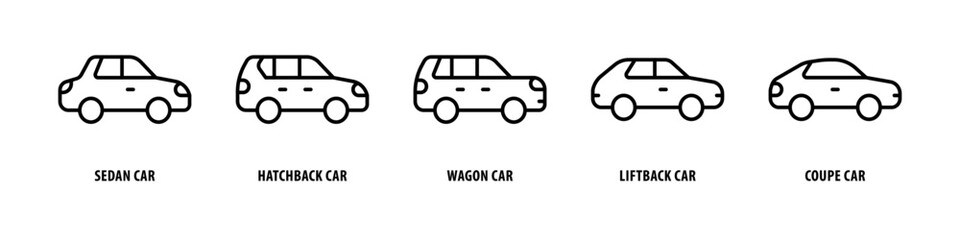 Coupe car, Liftback car, Wagon car, Hatchback car, Sedan car editable stroke outline icons set isolated on white background flat vector illustration. - obrazy, fototapety, plakaty