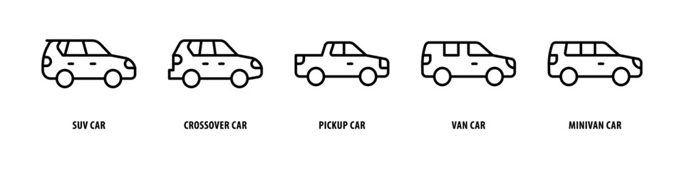 Minivan car, Van car, Pickup car, Crossover car, SUV car editable stroke outline icons set isolated on white background flat vector illustration. - obrazy, fototapety, plakaty