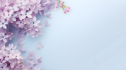 Lilac flowers and petals on light blue background with copy space, top view.