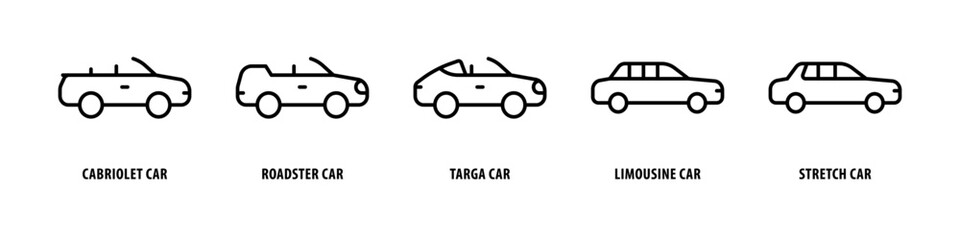 Stretch car, Limousine car, Targa car, Roadster car, Cabriolet car editable stroke outline icons set isolated on white background flat vector illustration. - obrazy, fototapety, plakaty
