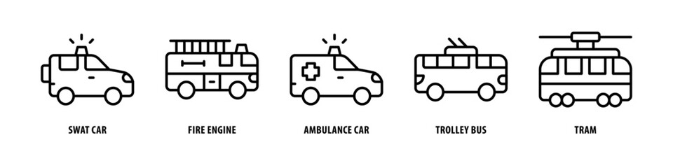 Tram, Trolley bus, Ambulance car, Fire engine, SWAT car editable stroke outline icons set isolated on white background flat vector illustration.
