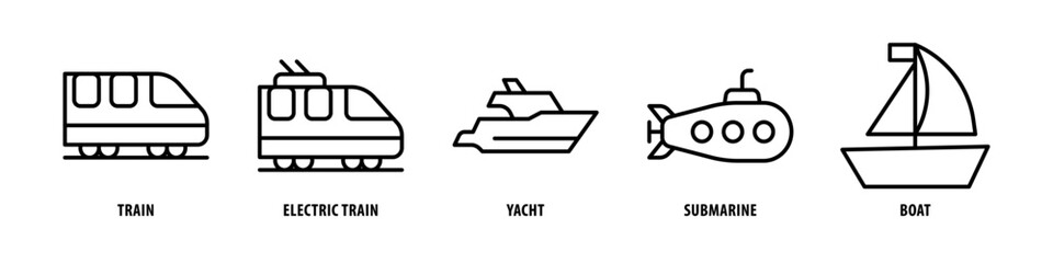 Boat, Submarine, Yacht, Electric train, Train editable stroke outline icons set isolated on white background flat vector illustration.