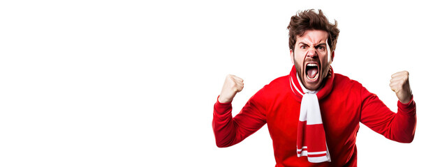 Emotionally excited male sports fan of the championship in a club uniform, white background isolate.