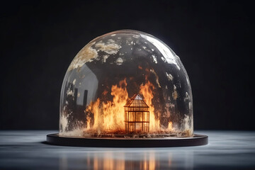 Insurance of private home, concept of life and property safety. Burning housing under dome.