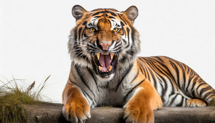 Obraz premium tiger, cat, wild, open mouth, fangs, isolated white background
