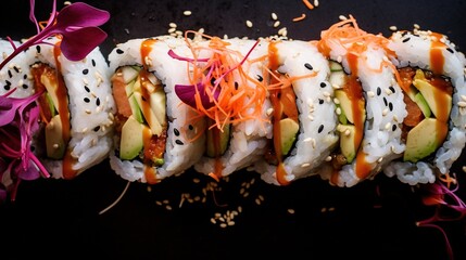 Sushi rolls with salmon and avocado, top view