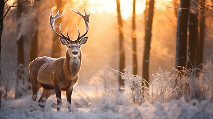 Deer male in winter forest