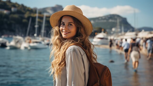 Smiling woman in a straw hat standing by the harbor