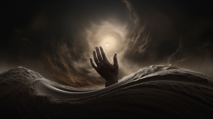 Surreal Desert Eclipse Hand Reaching for Celestial Phenomenon Abstract Background Wallpaper