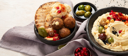 Traditional homemade hummus, falafel and pita.