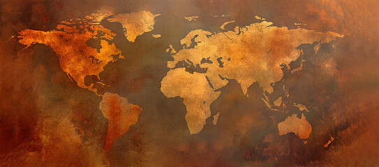 Dark patterned retro style world map with bronze colored worn aged grungy surface design. Continents in vintage style. Brown, orange and red colors.