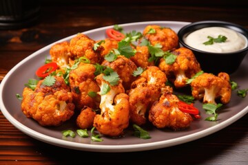 Fototapeta premium cauliflower buffalo wings, bang bang cauliflower, keto cauliflower wings, smoky bbq cauliflower wings (vegan, wfpb), best buffalo cauliflower bites with ranch dipping sauce