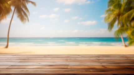 Empty wooden table in front blur tropical beach background, product display montage.