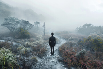 Ethical Dilemma: A businessman represents the moral confusion of business decisions, this feeling is represented by two paths diverging in a foggy environment... the measure of conflicting choices. - obrazy, fototapety, plakaty