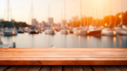 Empty wooden table in front blur yacht club background, product display