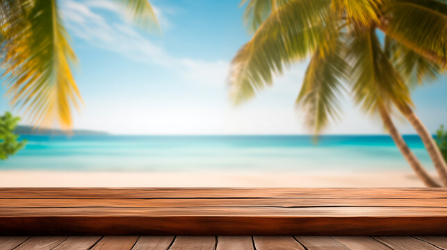 Empty wooden table in front blur tropical beach background, product display montage.